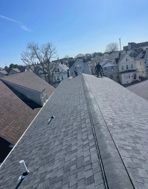 Close-up of newly installed architectural shingles along a roofline